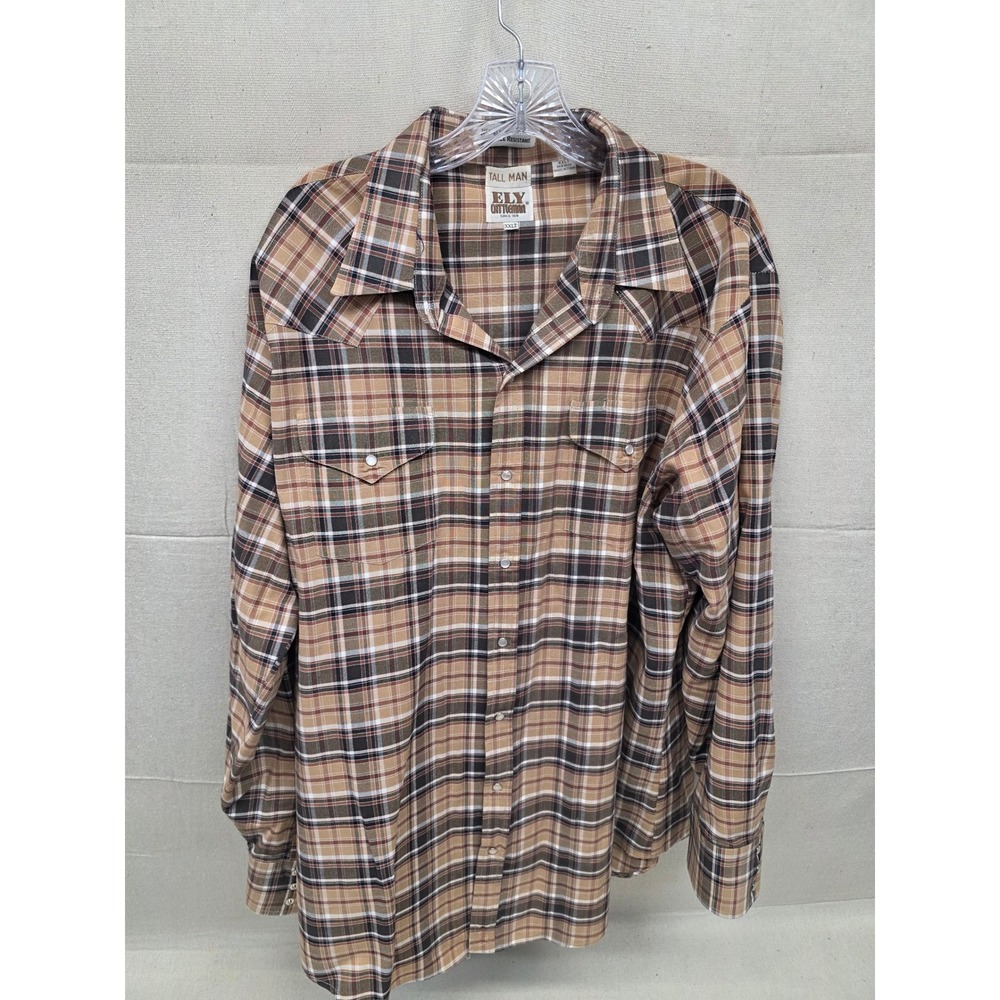 Ely Cattleman Tall Man Men XXLT Brown Plaid Western Pearl Snap Shirt Long Sleeve